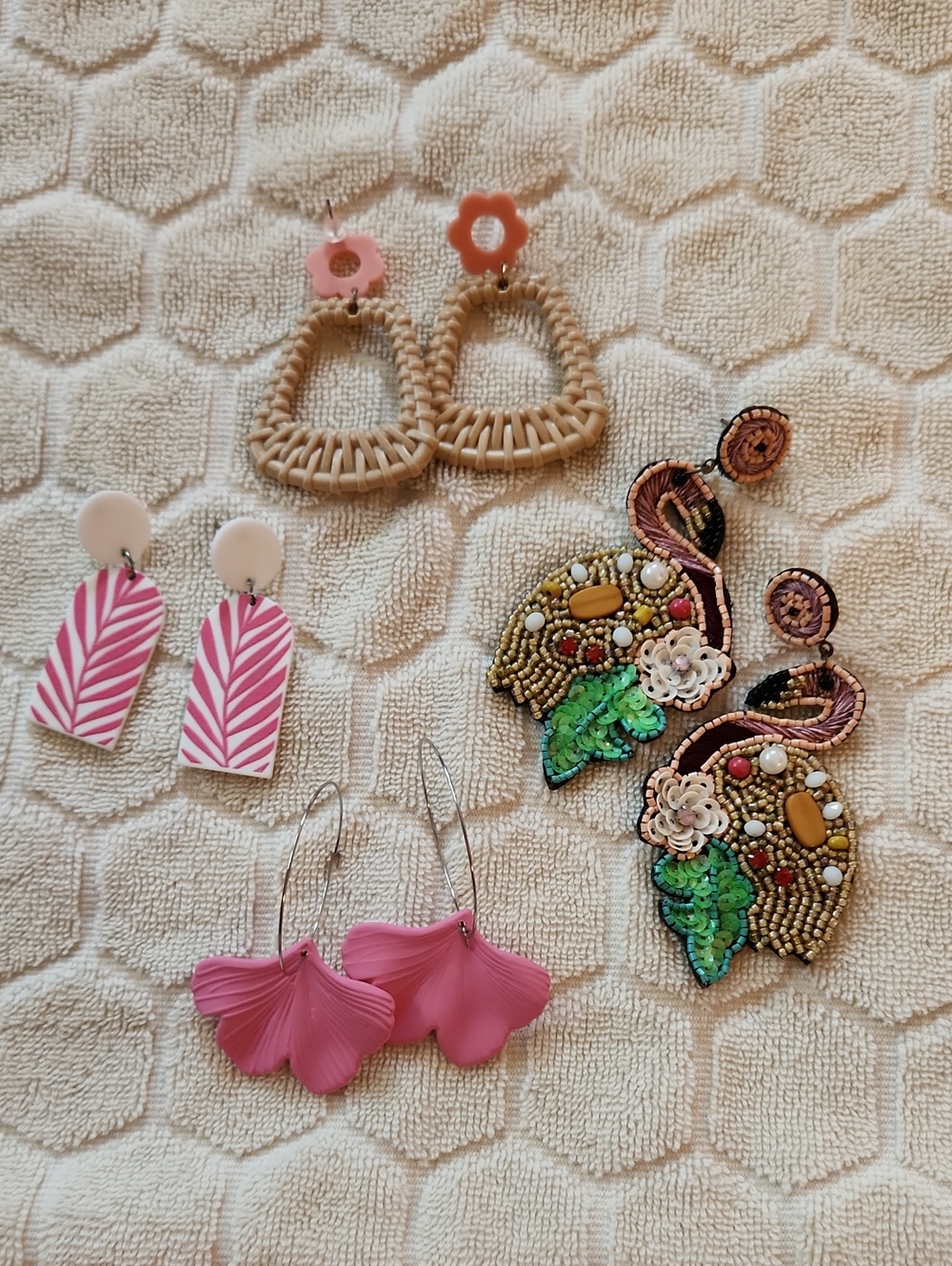 Retro Tropical Beachy Summer Vacation Earring Set- Flamingos, Palms, Raffia
